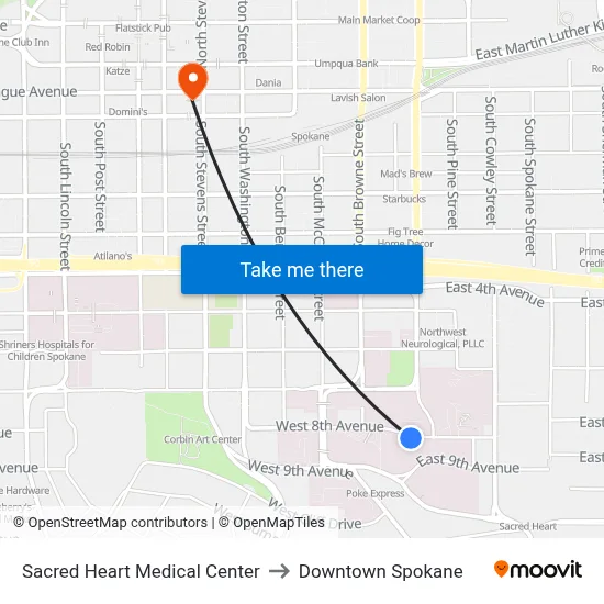 Sacred Heart Medical Center to Downtown Spokane map