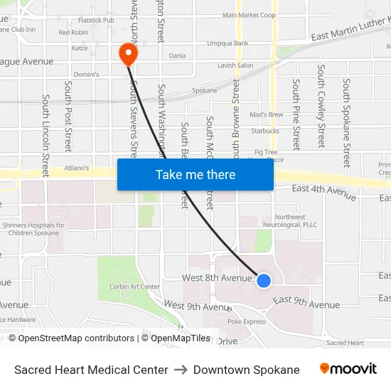 Sacred Heart Medical Center to Downtown Spokane map