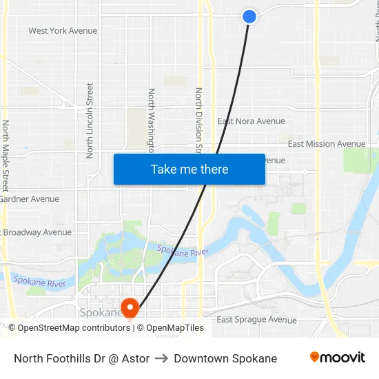 North Foothills Dr @ Astor to Downtown Spokane map