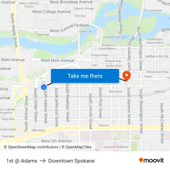 1st @ Adams to Downtown Spokane map