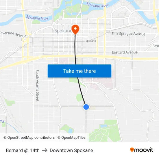 Bernard @ 14th to Downtown Spokane map