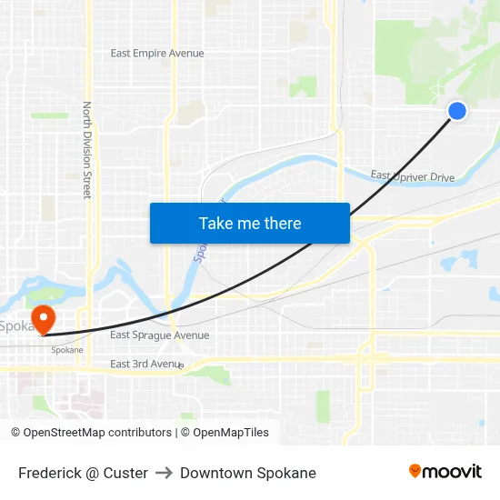 Frederick @ Custer to Downtown Spokane map