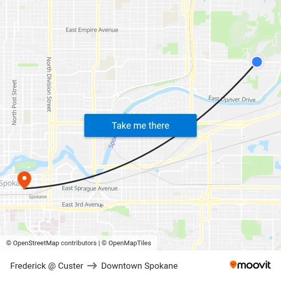 Frederick @ Custer to Downtown Spokane map