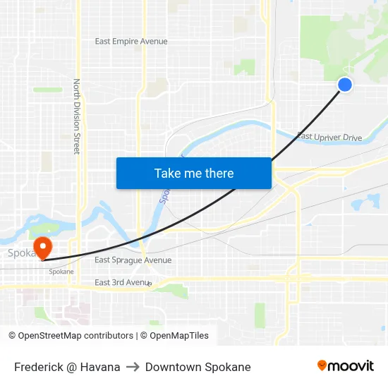 Frederick @ Havana to Downtown Spokane map