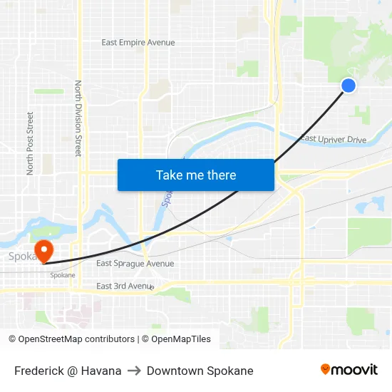 Frederick @ Havana to Downtown Spokane map