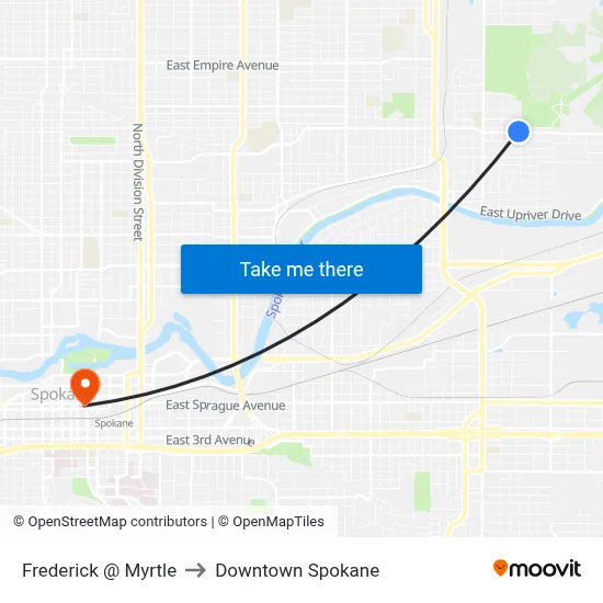 Frederick @ Myrtle to Downtown Spokane map