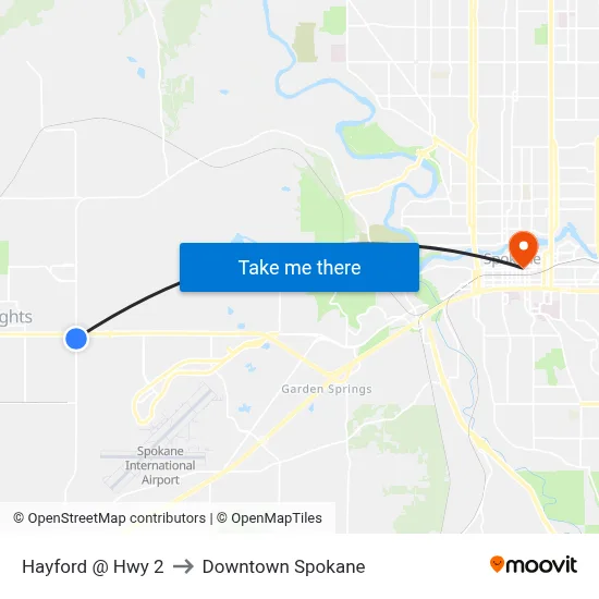 Hayford @ Hwy 2 to Downtown Spokane map