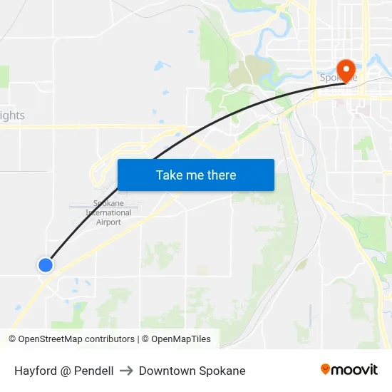 Hayford @ Pendell to Downtown Spokane map