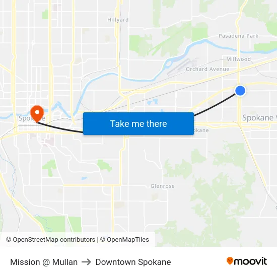 Mission @ Mullan to Downtown Spokane map