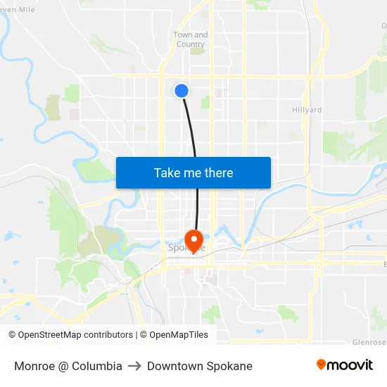 Monroe @ Columbia to Downtown Spokane map