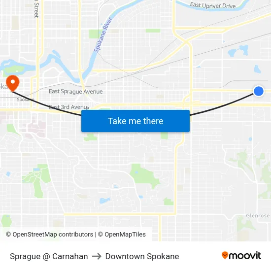 Sprague @ Carnahan to Downtown Spokane map