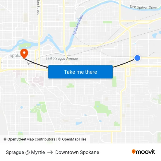 Sprague @ Myrtle to Downtown Spokane map