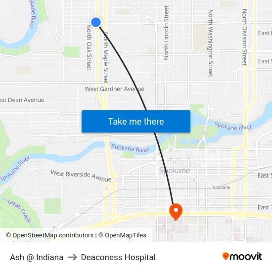 Ash @ Indiana to Deaconess Hospital map