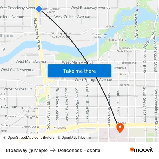 Broadway @ Maple to Deaconess Hospital map