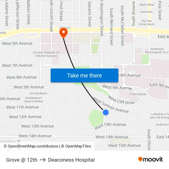 Grove @ 12th to Deaconess Hospital map