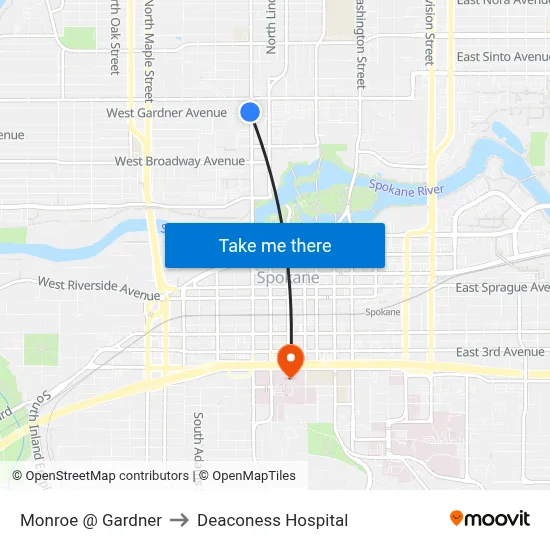 Monroe @ Gardner to Deaconess Hospital map