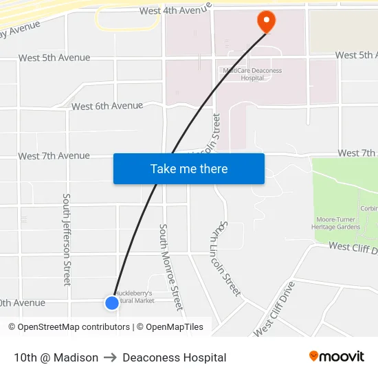 10th @ Madison to Deaconess Hospital map
