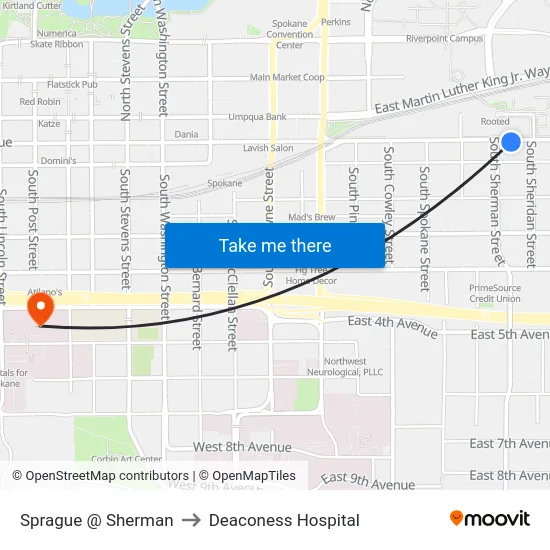 Sprague @ Sherman to Deaconess Hospital map