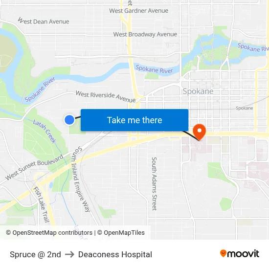 Spruce @ 2nd to Deaconess Hospital map