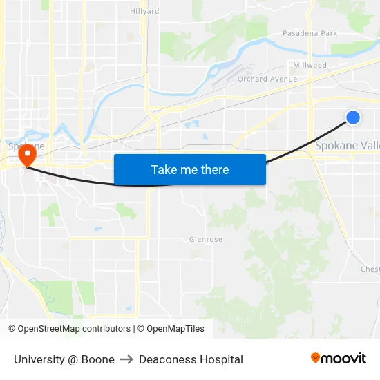University @ Boone to Deaconess Hospital map