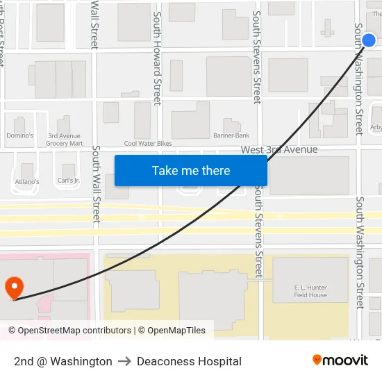 2nd @ Washington to Deaconess Hospital map