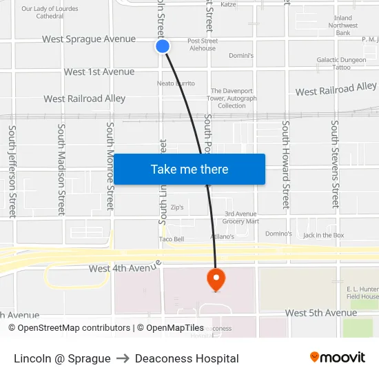Lincoln @ Sprague to Deaconess Hospital map
