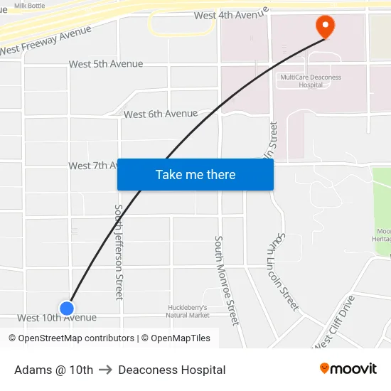 Adams @ 10th to Deaconess Hospital map