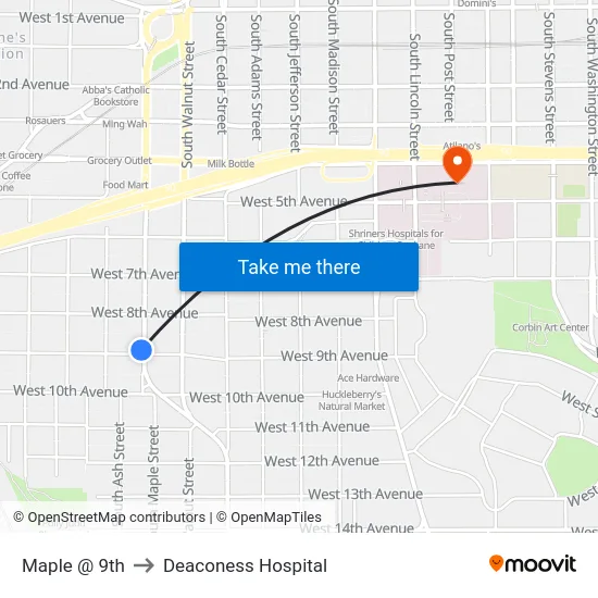 Maple @ 9th to Deaconess Hospital map