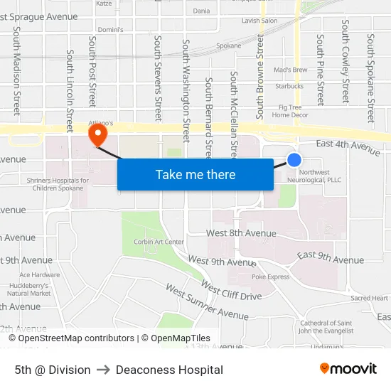 5th @ Division to Deaconess Hospital map