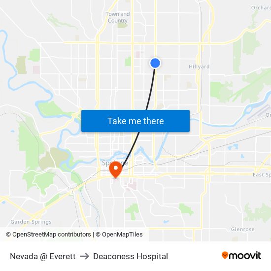 Nevada @ Everett to Deaconess Hospital map