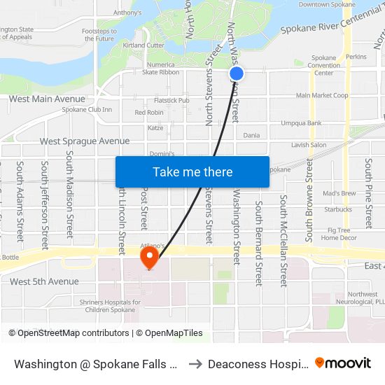 Washington @ Spokane Falls Blvd to Deaconess Hospital map