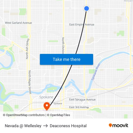 Nevada @ Wellesley to Deaconess Hospital map