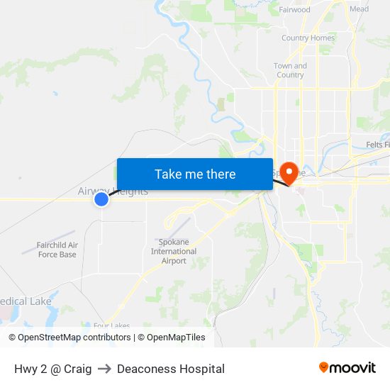 Hwy 2 @ Craig to Deaconess Hospital map