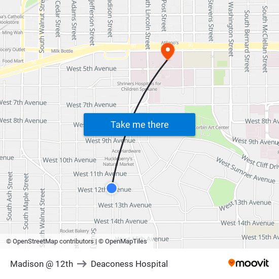 Madison @ 12th to Deaconess Hospital map