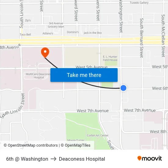 6th @ Washington to Deaconess Hospital map