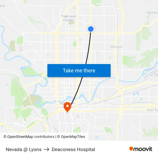 Nevada @ Lyons to Deaconess Hospital map