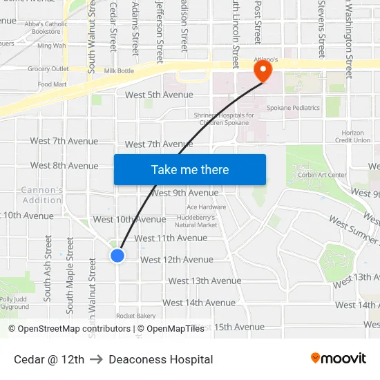 Cedar @ 12th to Deaconess Hospital map