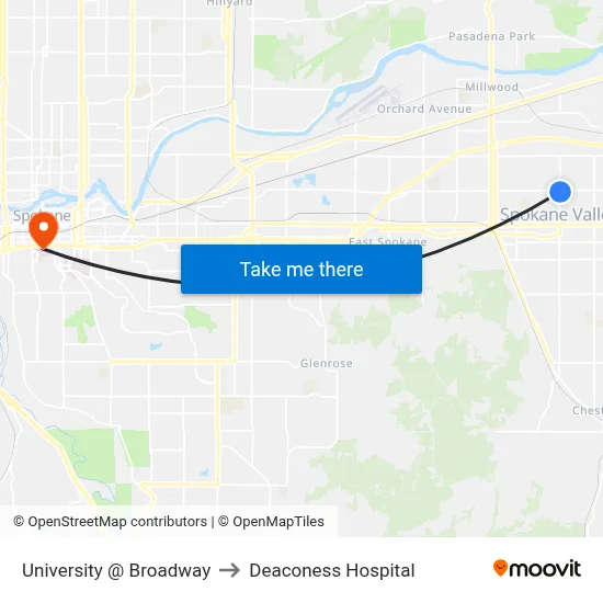 University @ Broadway to Deaconess Hospital map