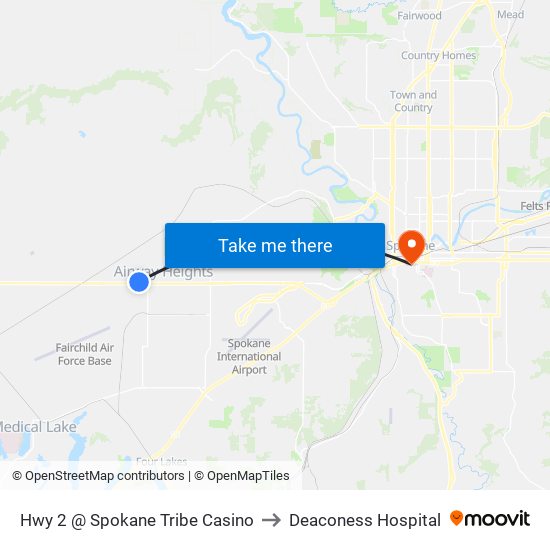 Hwy 2 @ Spokane Tribe Casino to Deaconess Hospital map