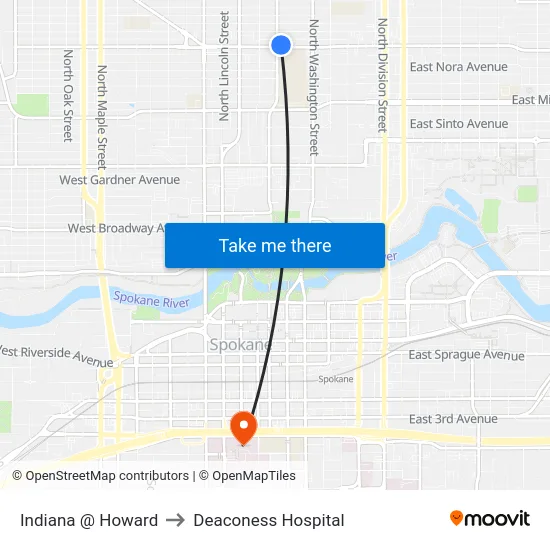 Indiana @ Howard to Deaconess Hospital map