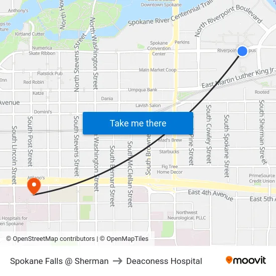 Spokane Falls @ Sherman to Deaconess Hospital map