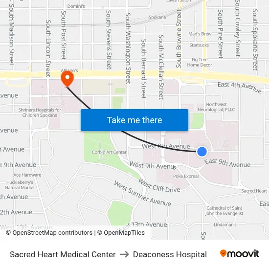 Sacred Heart Medical Center to Deaconess Hospital map