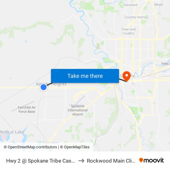 Hwy 2 @ Spokane Tribe Casino to Rockwood Main Clinic map