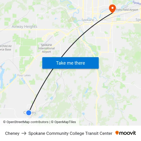 Cheney to Spokane Community College Transit Center map