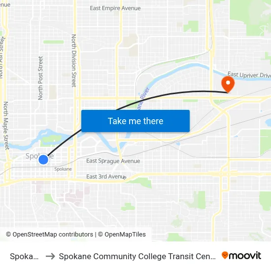 Spokane to Spokane Community College Transit Center map