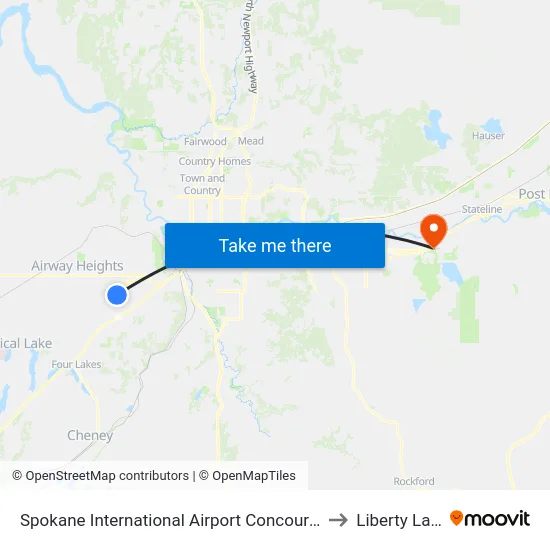 Spokane International Airport Concourse C to Liberty Lake map