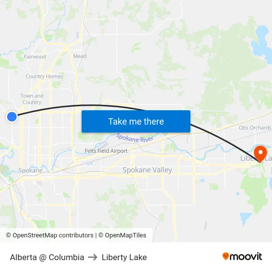 Alberta @ Columbia to Liberty Lake map