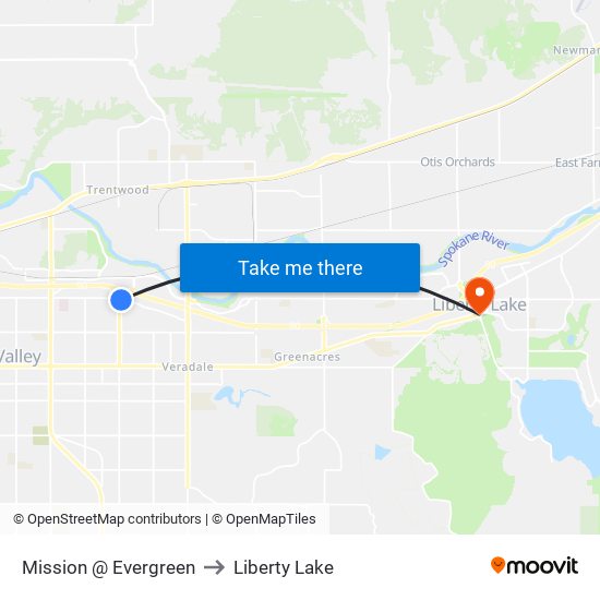 Mission @ Evergreen to Liberty Lake map