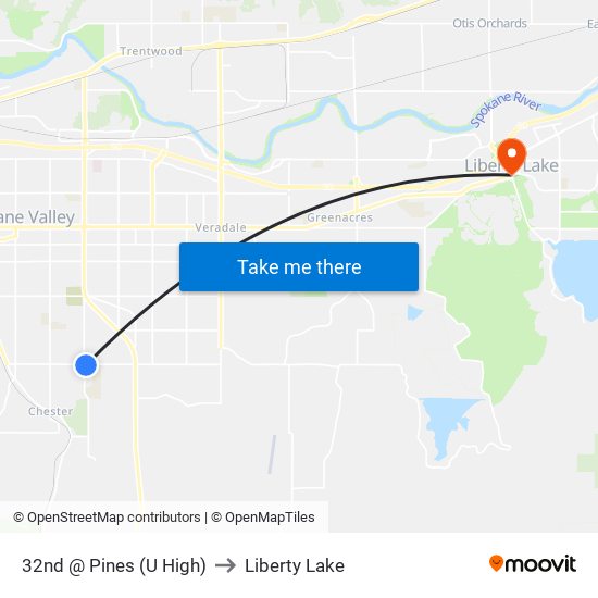 32nd @ Pines (U High) to Liberty Lake map