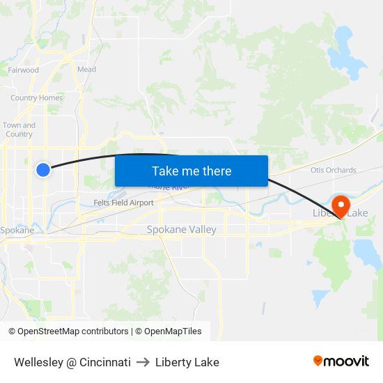 Wellesley @ Cincinnati to Liberty Lake map